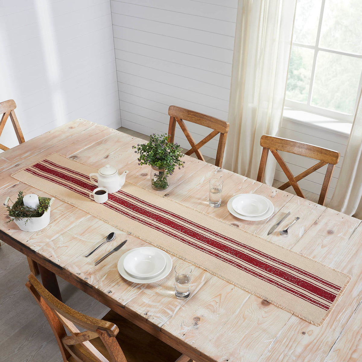 Burlap Red Stripe Table Runner 72"
