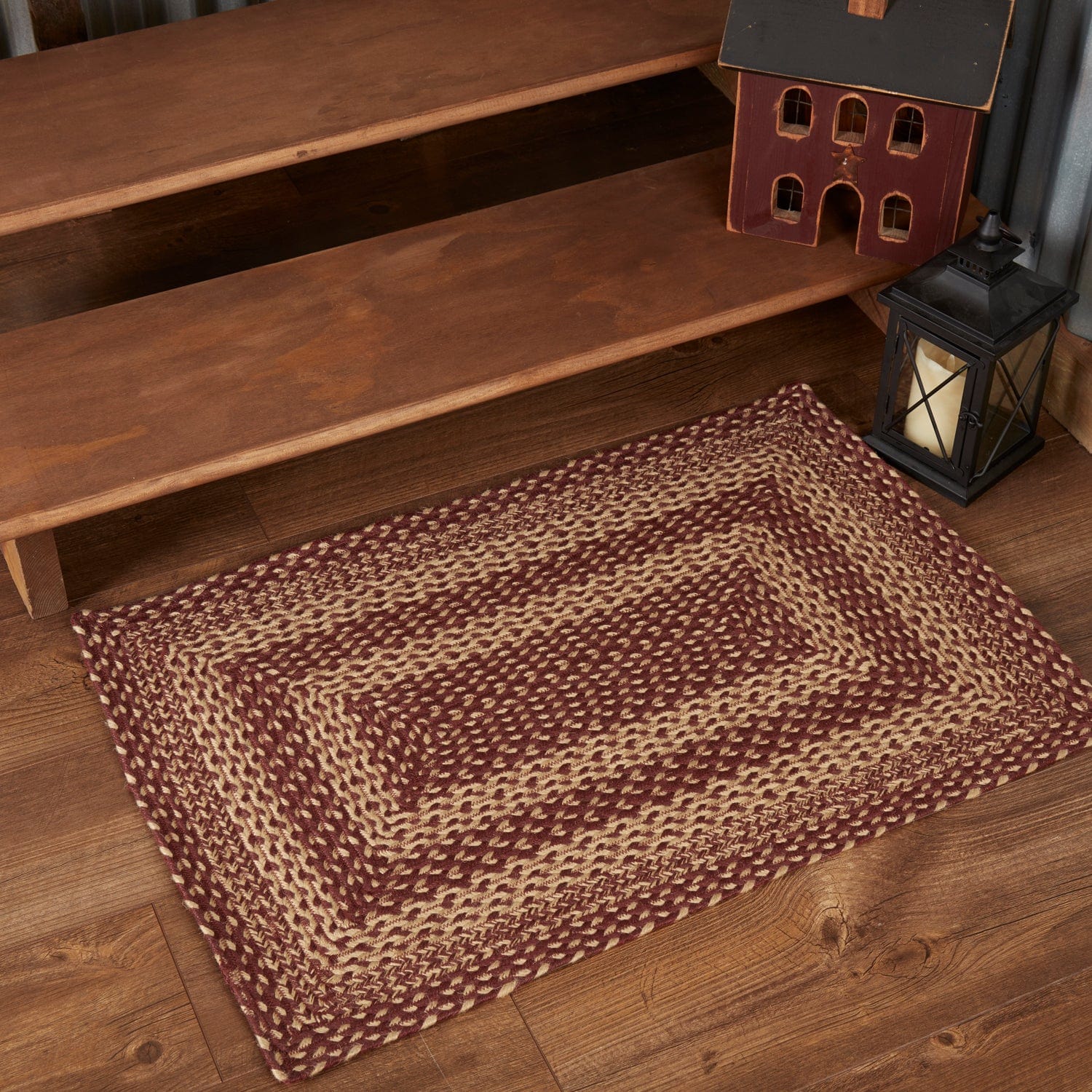 Burgundy Tan Rectangle Braided Rug