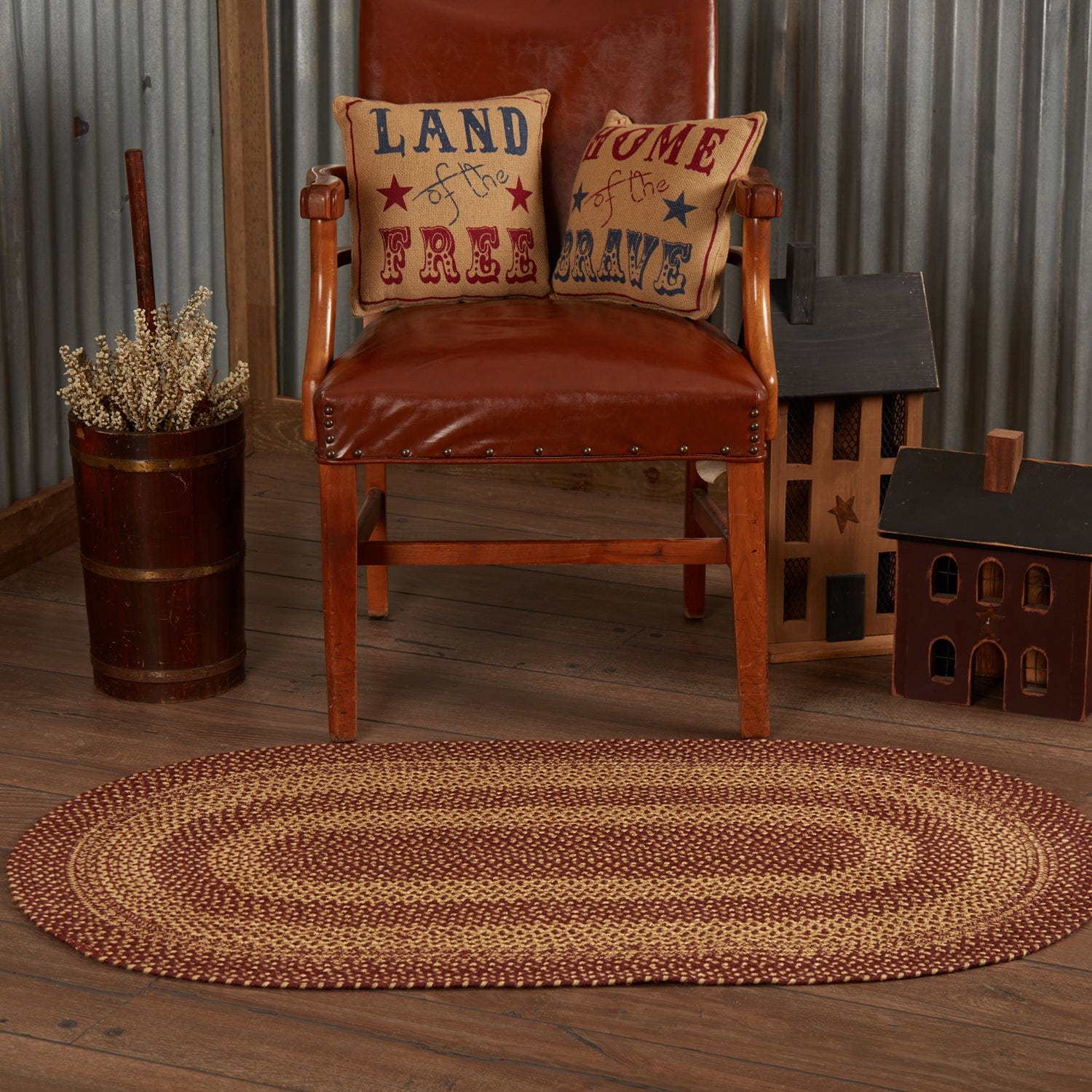 Burgundy Tan Oval Braided Rug