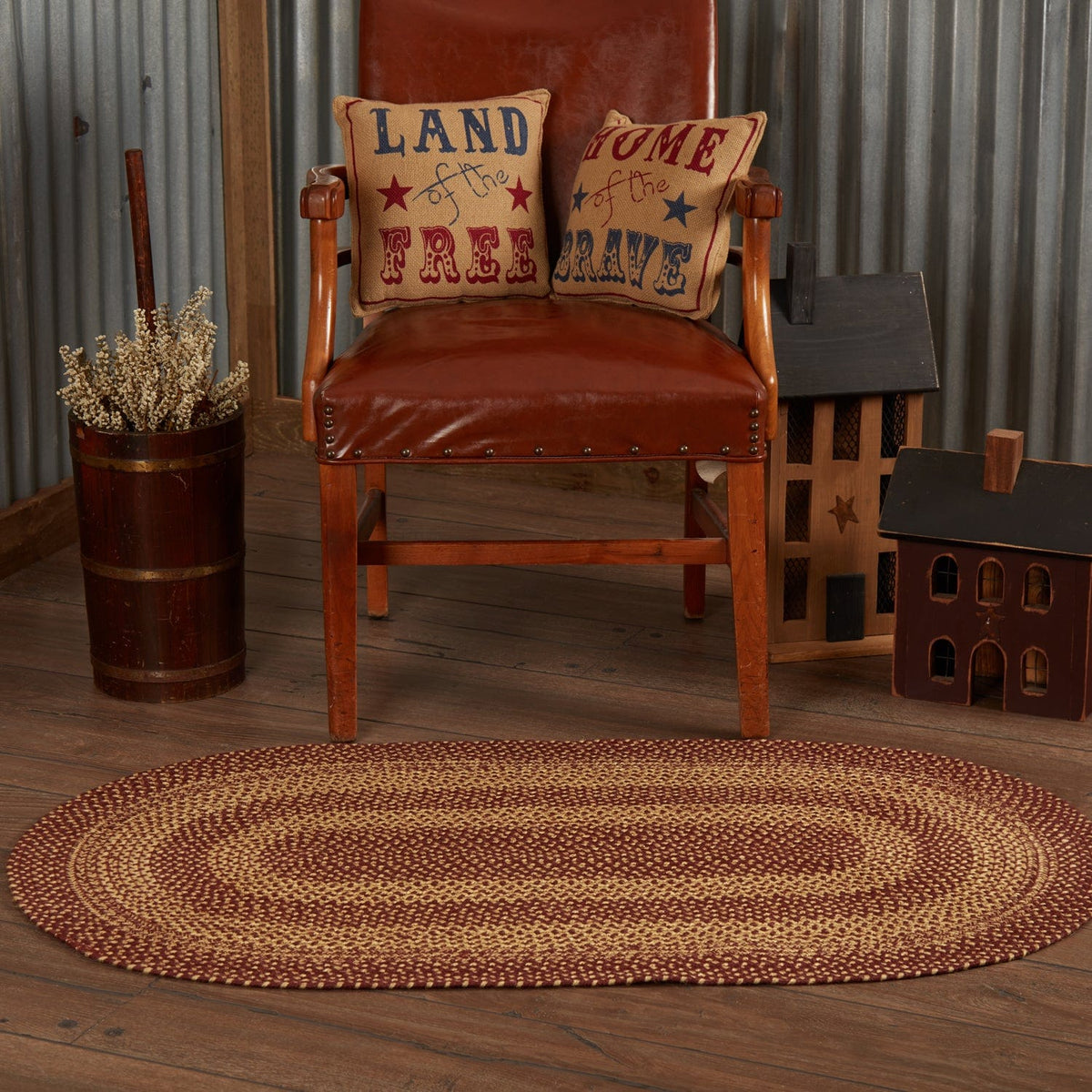 Burgundy Tan Oval Braided Rug