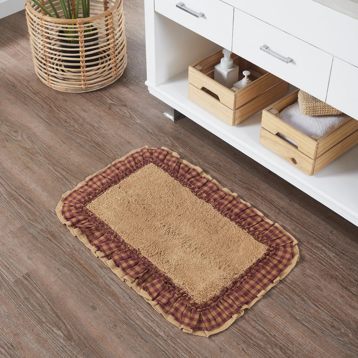 Burlap Natural w/ Burgundy Check Bath Mat