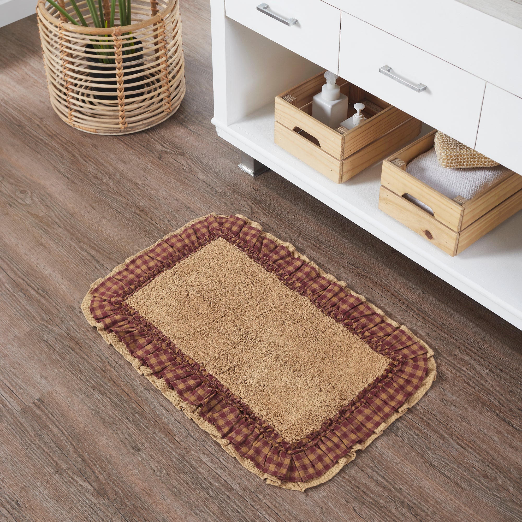 Burlap Natural w/ Burgundy Check Bath Mat