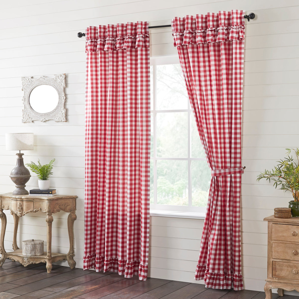 Annie Buffalo Check 96" Ruffled Panel Set - Red