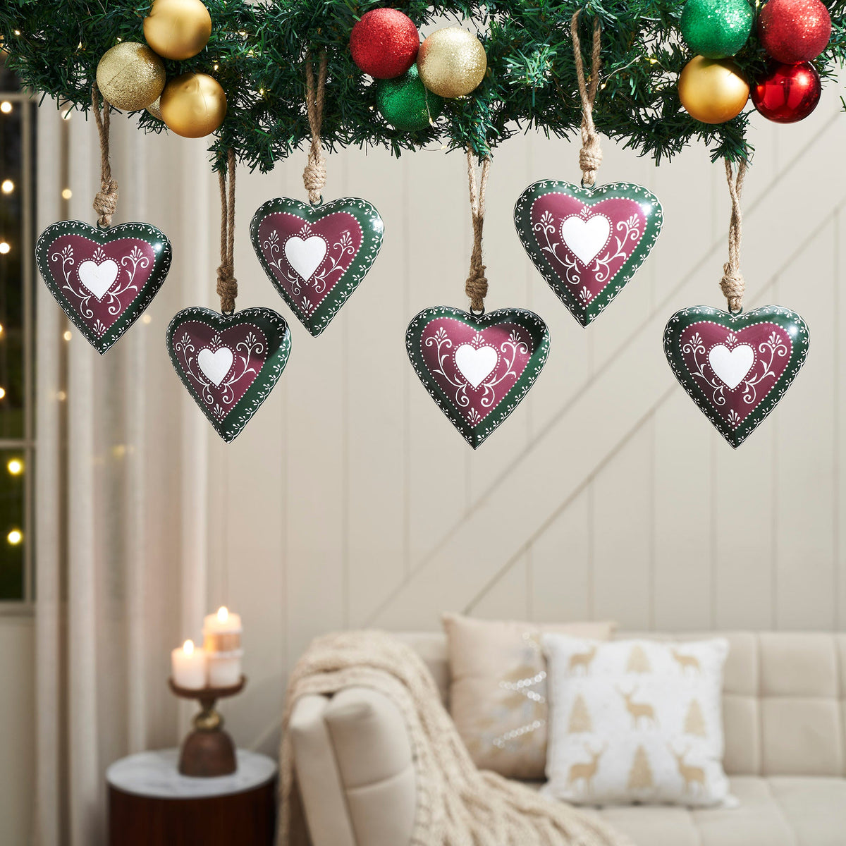 Burgundy Heritage Metal Heart Ornament Set of 6