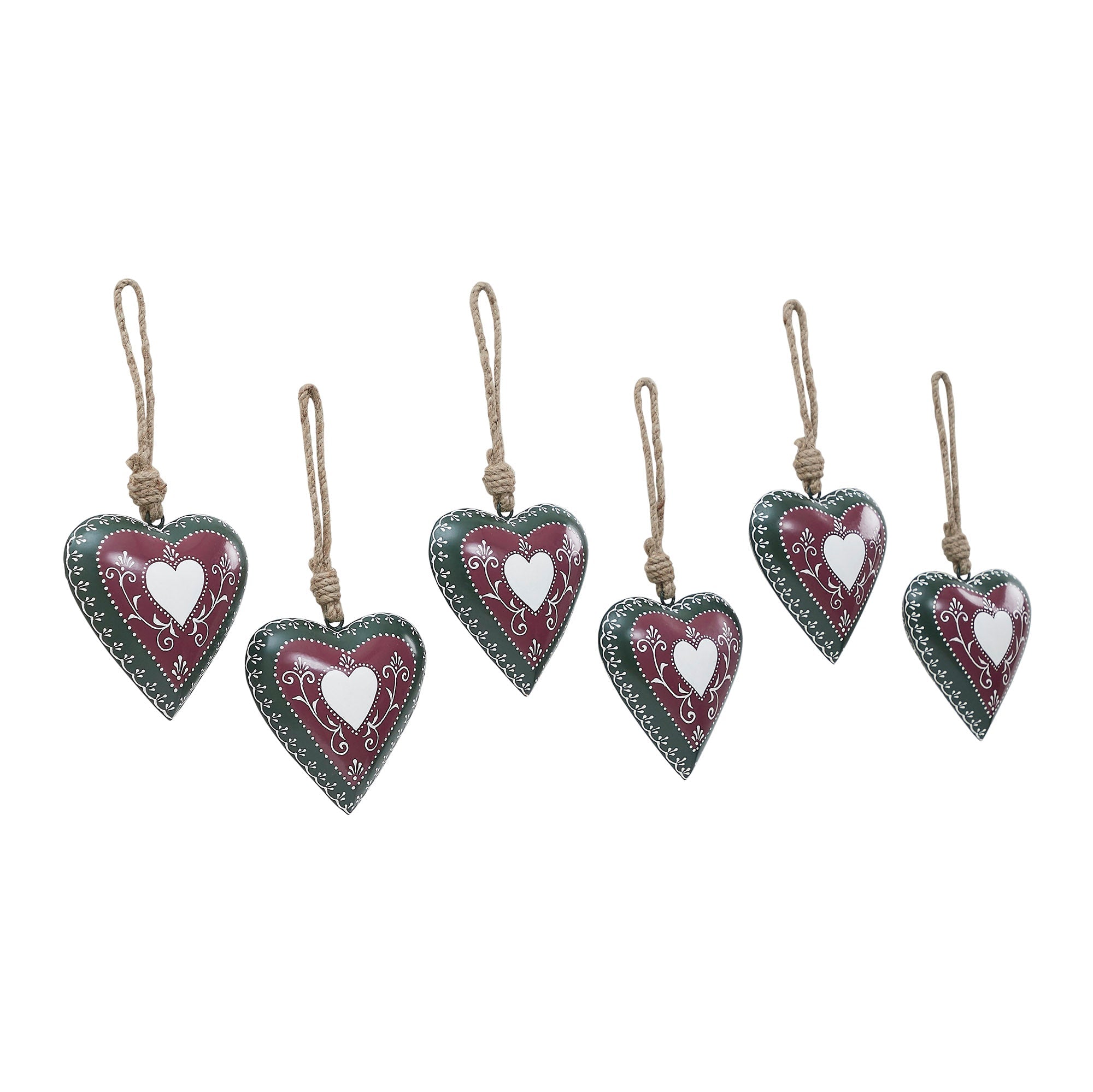Burgundy Heritage Metal Heart Ornament Set of 6