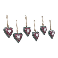 Burgundy Heritage Metal Heart Ornament Set of 6