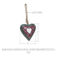 Burgundy Heritage Metal Heart Ornament Set of 6