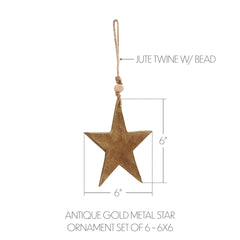 Antique Gold Metal Star Ornament Set of 6